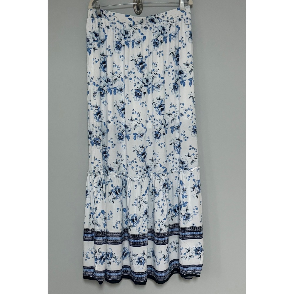 Francescas Floral Tiered Maxi Skirt Blue White Size XL Side Slit New Runs Long